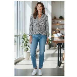 PLEIONE Womens Geometric Print Faux Wrap V Neck Blouse‎ Top Size S